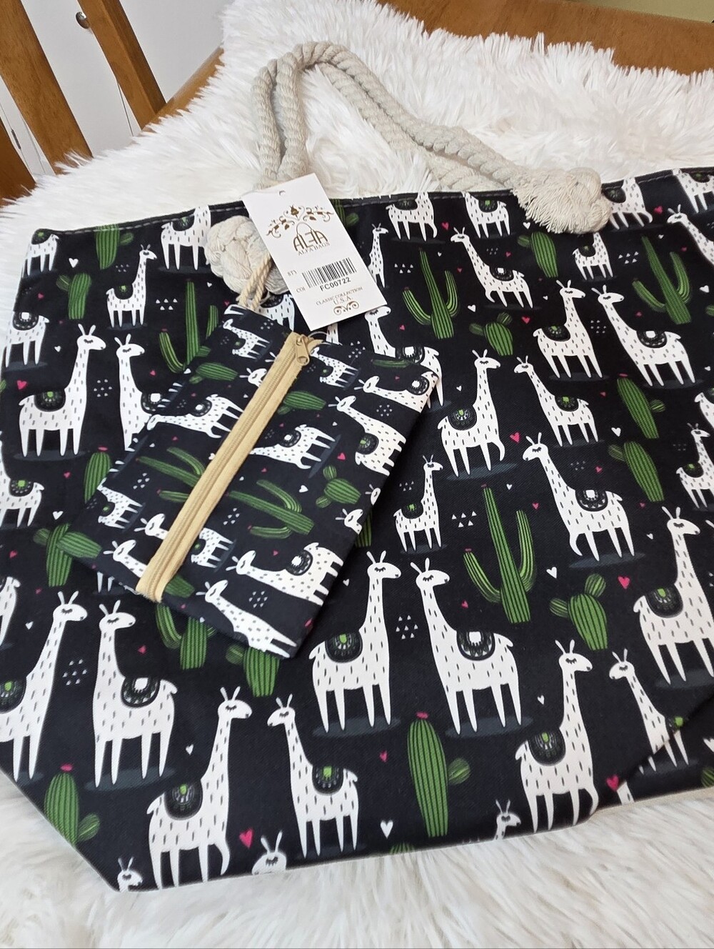 Adorable Llama & Cactus Canvas Tote with Rope Handles - Black & Green